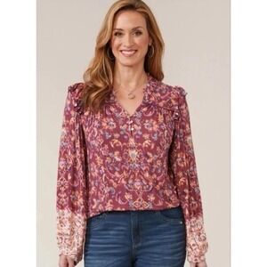 Womens Democracy Floral Ruffled Puff Sleeve V- Neck Pullover Top Blouse